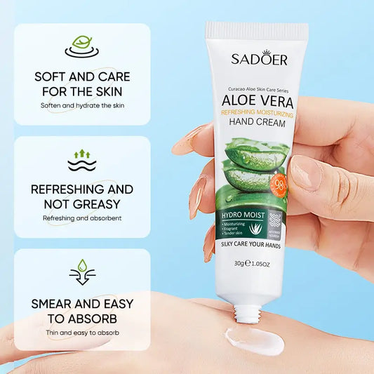 SADOER Crème Mains Aloe Vera 98% – Hydratation & Réparation des Mains Sèches 30g