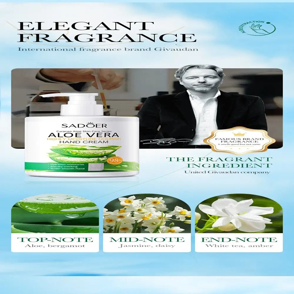 SADOER Crème Mains Aloe Vera 98% – Hydratation & Réparation des Mains Sèches 450g