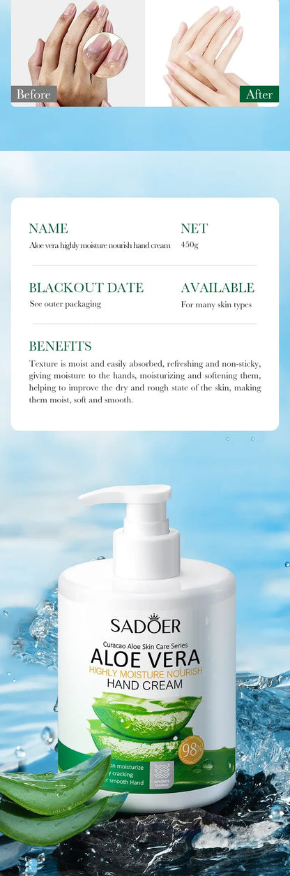SADOER Crème Mains Aloe Vera 98% – Hydratation & Réparation des Mains Sèches 450g